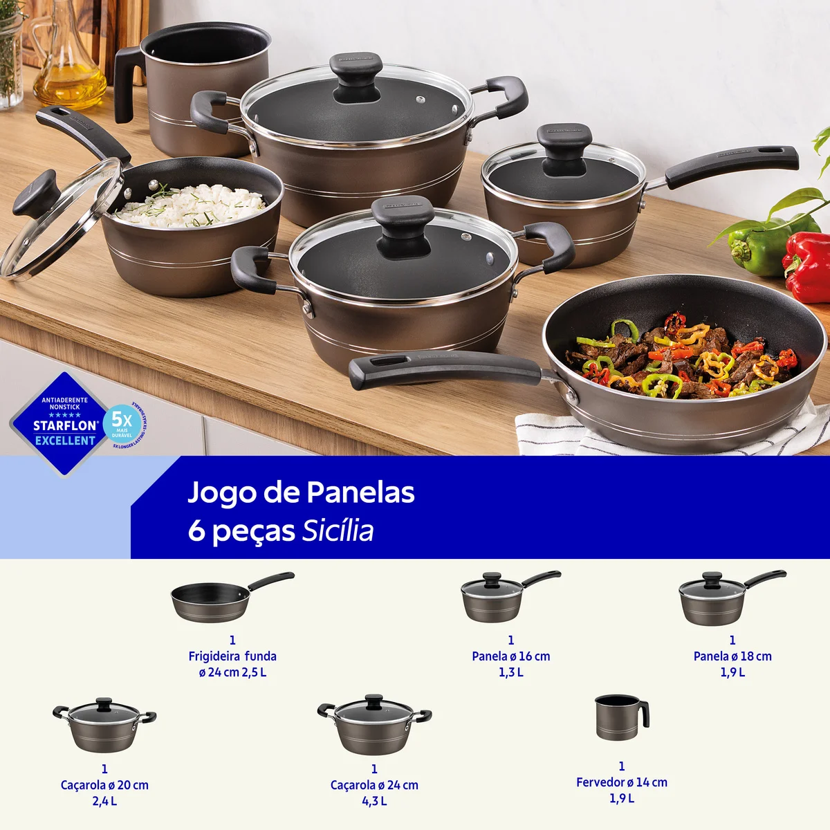 Jogo de Panelas Tramontina Sicília em Alumínio com Revestimento Interno e Externo Antiaderente Starflon Excellent Avelã 6 Peças