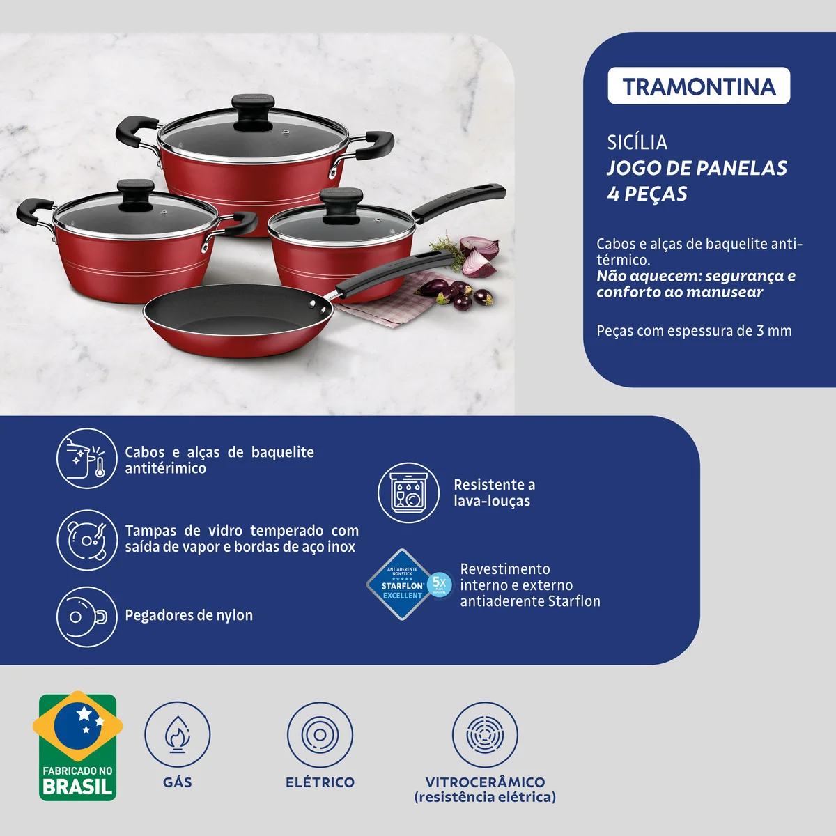 Jogo de Panelas Tramontina Sicília em Alumínio com Revestimento Interno e Externo Antiaderente Starflon Excellent Vermelho 4 Peças