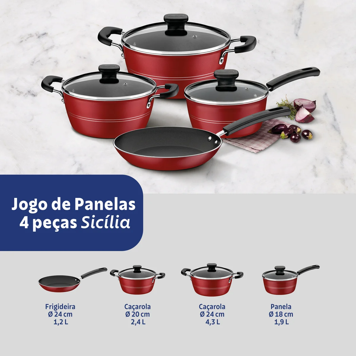 Jogo de Panelas Tramontina Sicília em Alumínio com Revestimento Interno e Externo Antiaderente Starflon Excellent Vermelho 4 Peças
