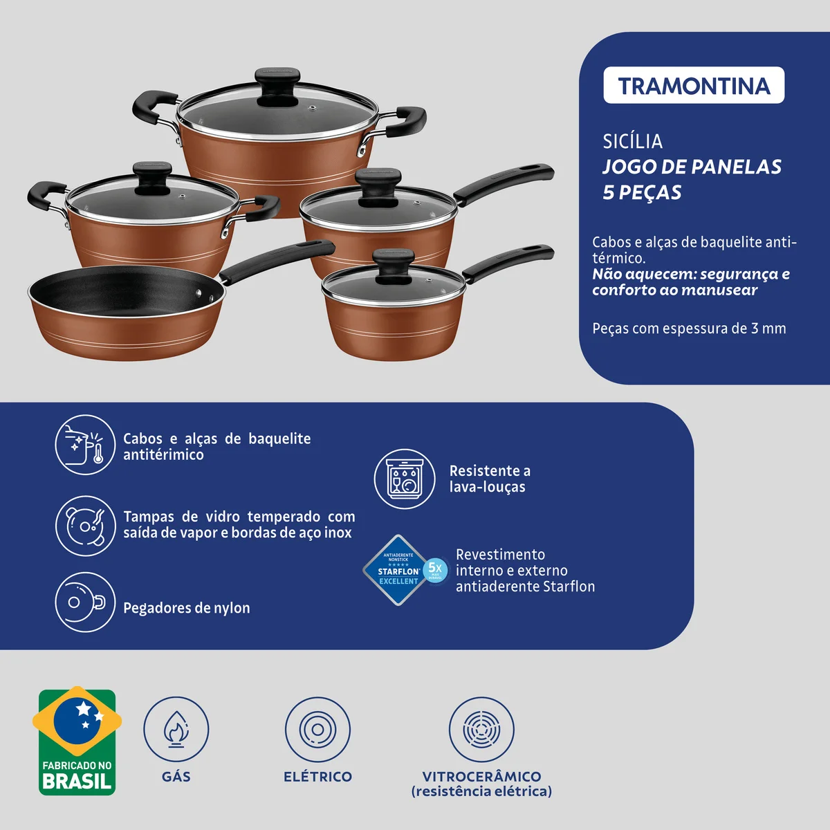 Jogo de Panelas Tramontina Sicília em Alumínio com Revestimento Interno e Externo em Antiaderente Starflon Excellent Bronze 05 Peças