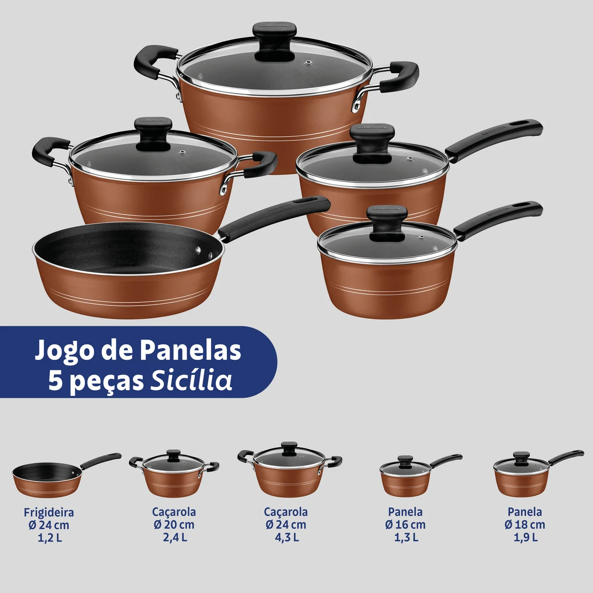 Jogo de Panelas Tramontina Sicília em Alumínio com Revestimento Interno e Externo em Antiaderente Starflon Excellent Bronze 05 Peças