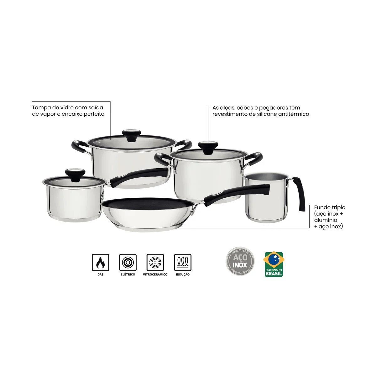Jogo de Panelas Tramontina Solar Silicone em Aço Inox com Fundo Triplo 5 Peças
