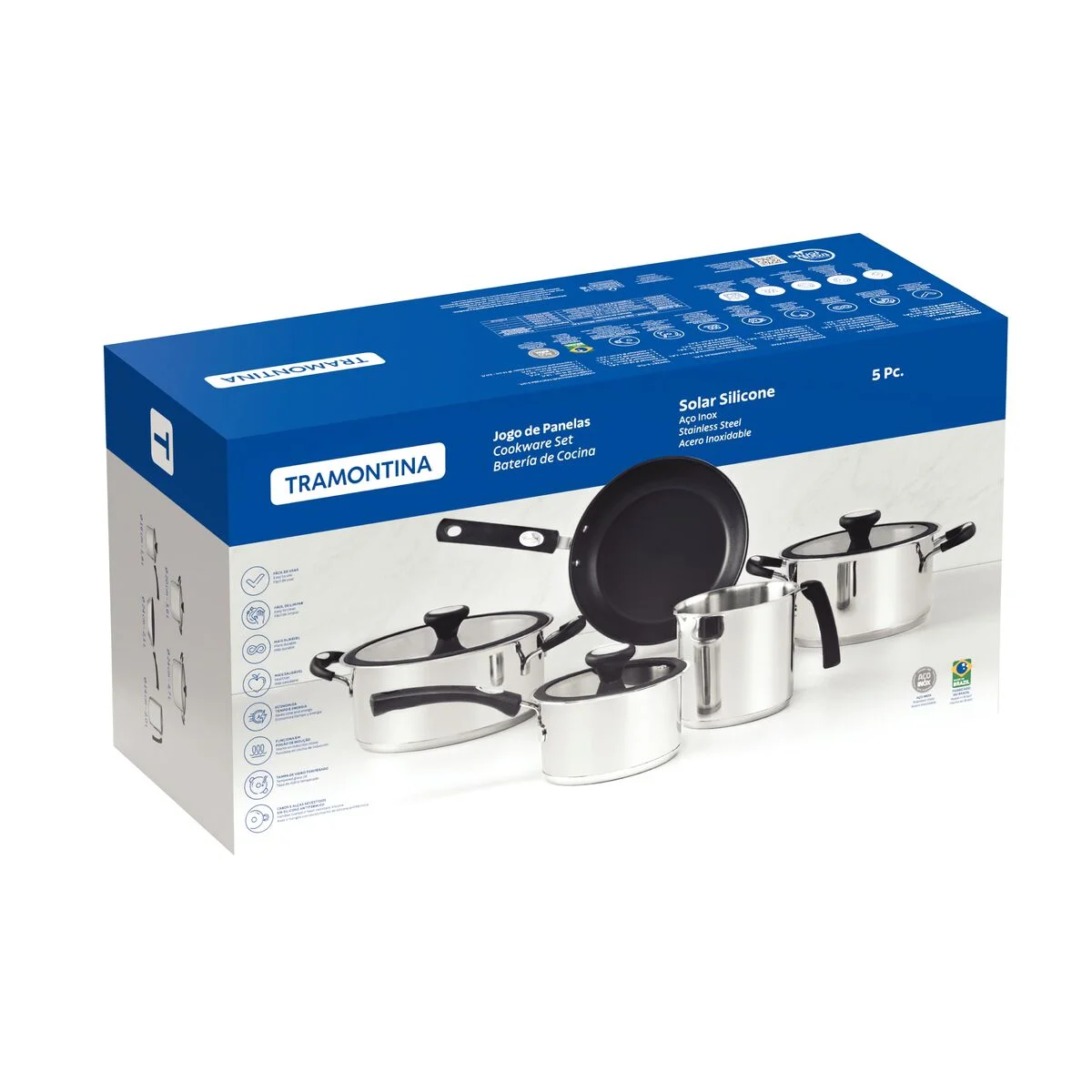 Jogo de Panelas Tramontina Solar Silicone em Aço Inox com Fundo Triplo 5 Peças