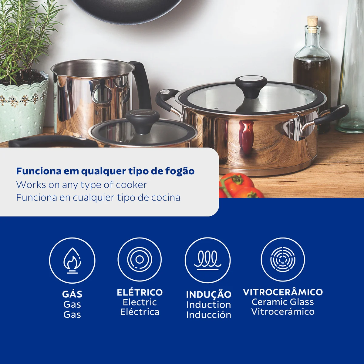 Jogo de Panelas Tramontina Solar Silicone em Aço Inox com Fundo Triplo 5 Peças