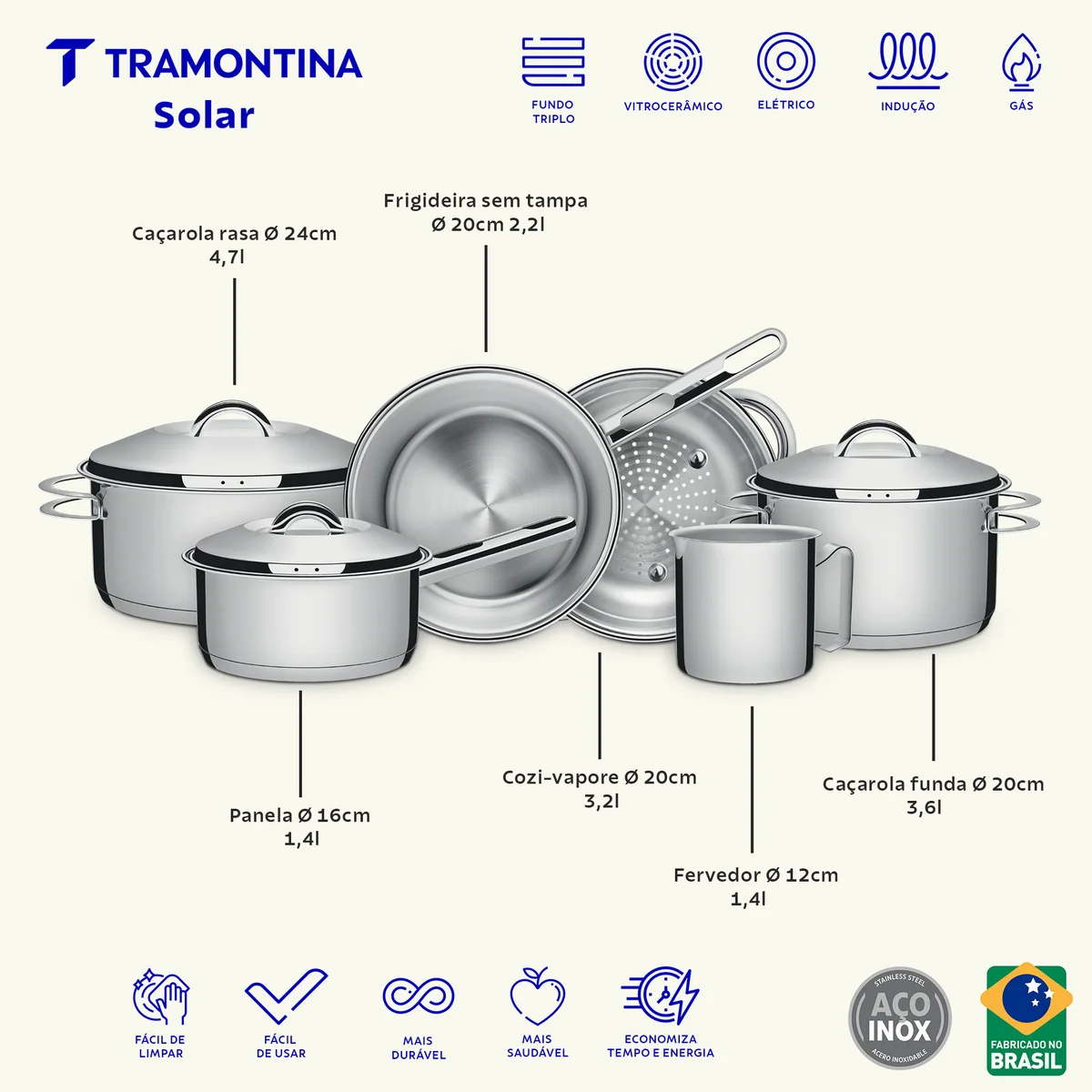 Kit Panelas Tramontina Solar Inox Fundo Triplo com Panela de Pressão 6L 7 Peças