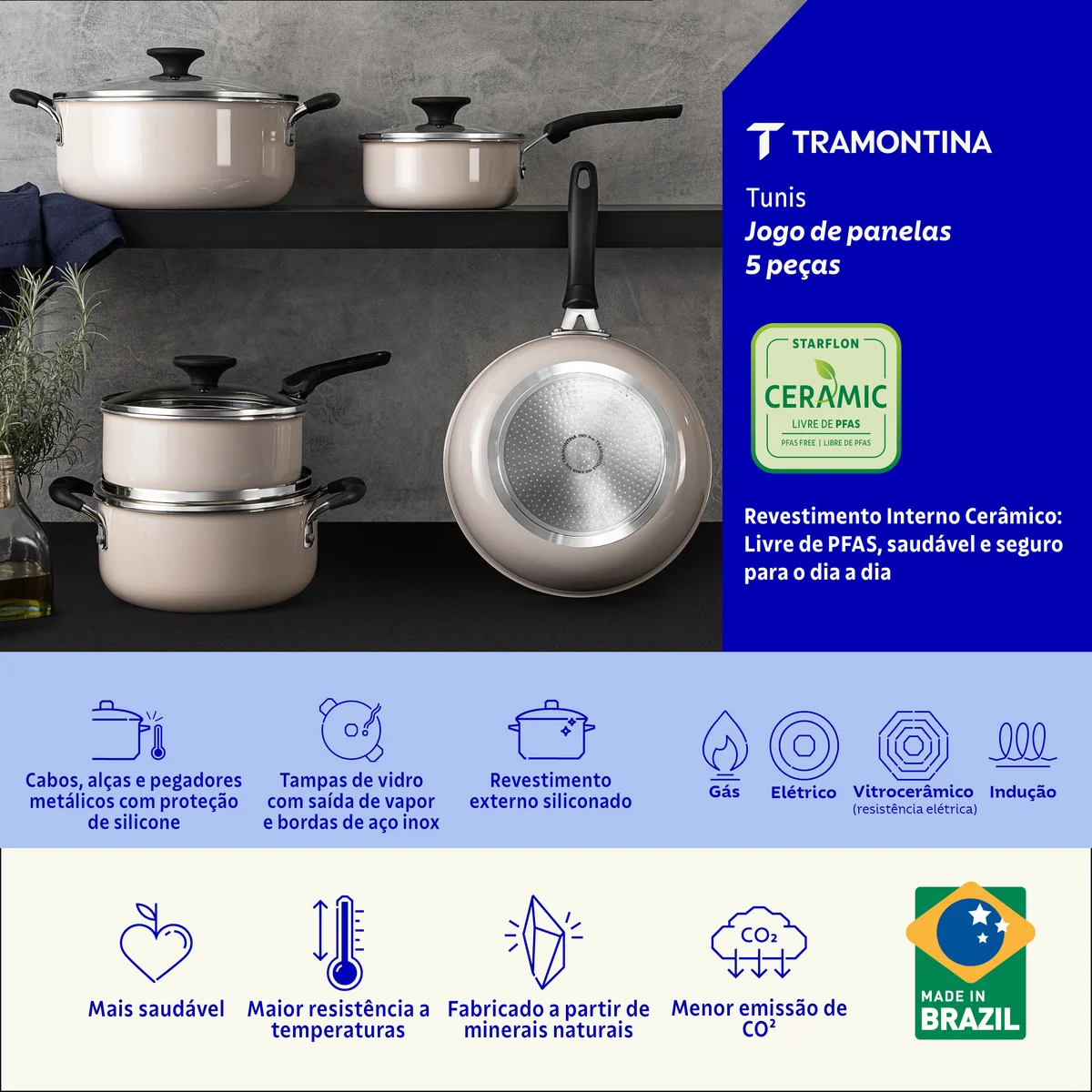 Jogo de Panelas Tramontina Tunis em Alumínio com Revestimento Interno Cerâmico e Externo Siliconado Rosa Trufado 5 Peças
