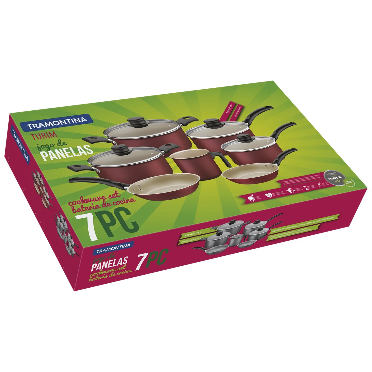 Jogo de Panelas Tramontina Turim em Alumínio com Revestimento Interno e Externo em Antiaderente Starflon Max Vermelho 7 Peças