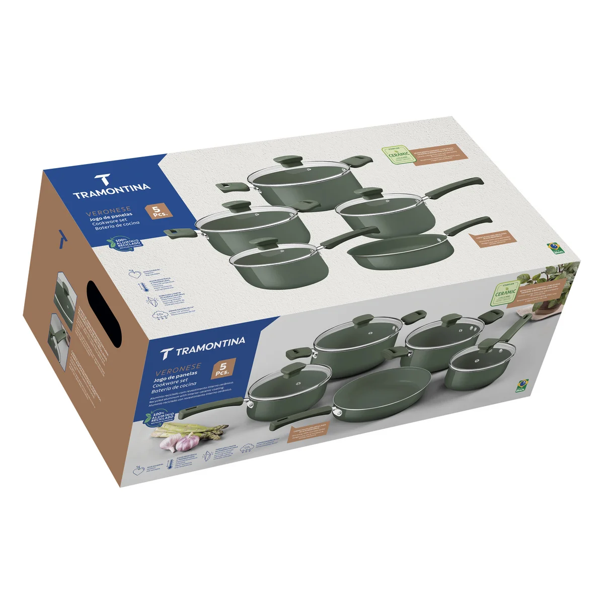 Jogo de Panelas Tramontina Veronese em Alumínio Reciclado com Revestimento Interno Cerâmico e Externo Siliconado Verde 5 Peças