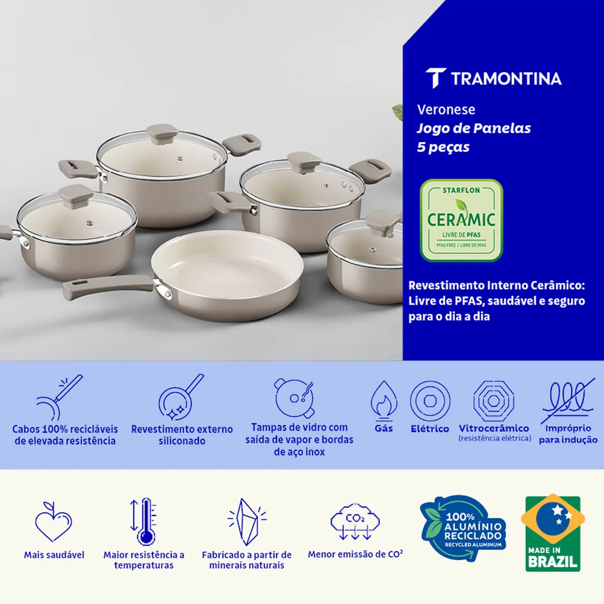 Jogo de Panelas Tramontina Veronese em Alumínio Reciclado com Revestimento Interno Cerâmico e Externo Siliconado Bege 5 Peças
