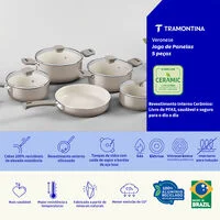Jogo de Panelas Tramontina Veronese em Alumínio Reciclado com Revestimento Interno Cerâmico e Externo Siliconado Bege 5 Peças