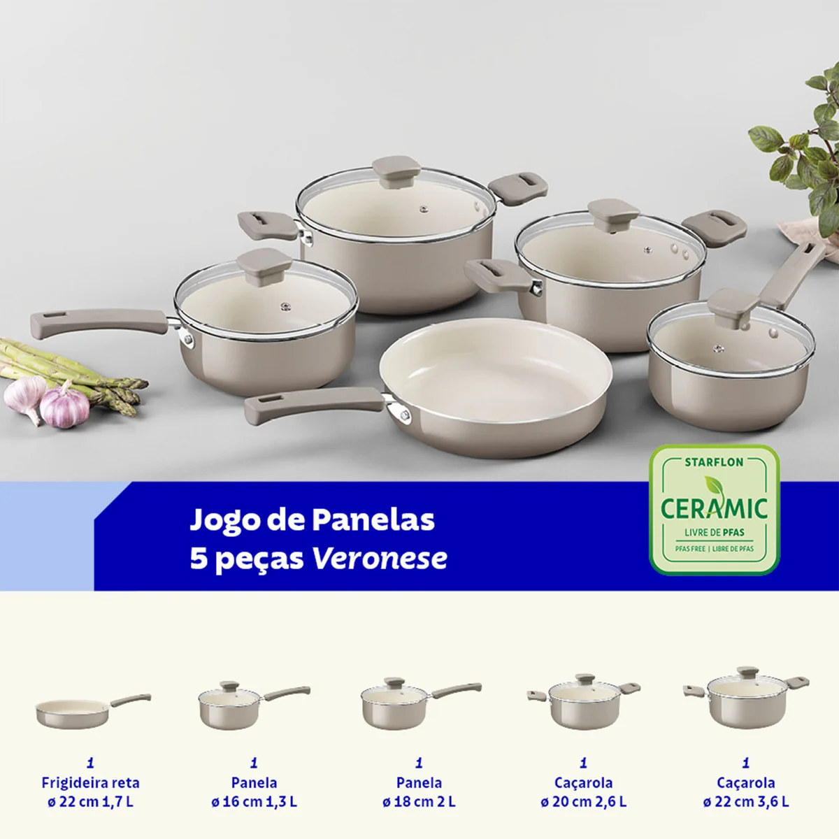 Jogo de Panelas Tramontina Veronese em Alumínio Reciclado com Revestimento Interno Cerâmico e Externo Siliconado Bege 5 Peças