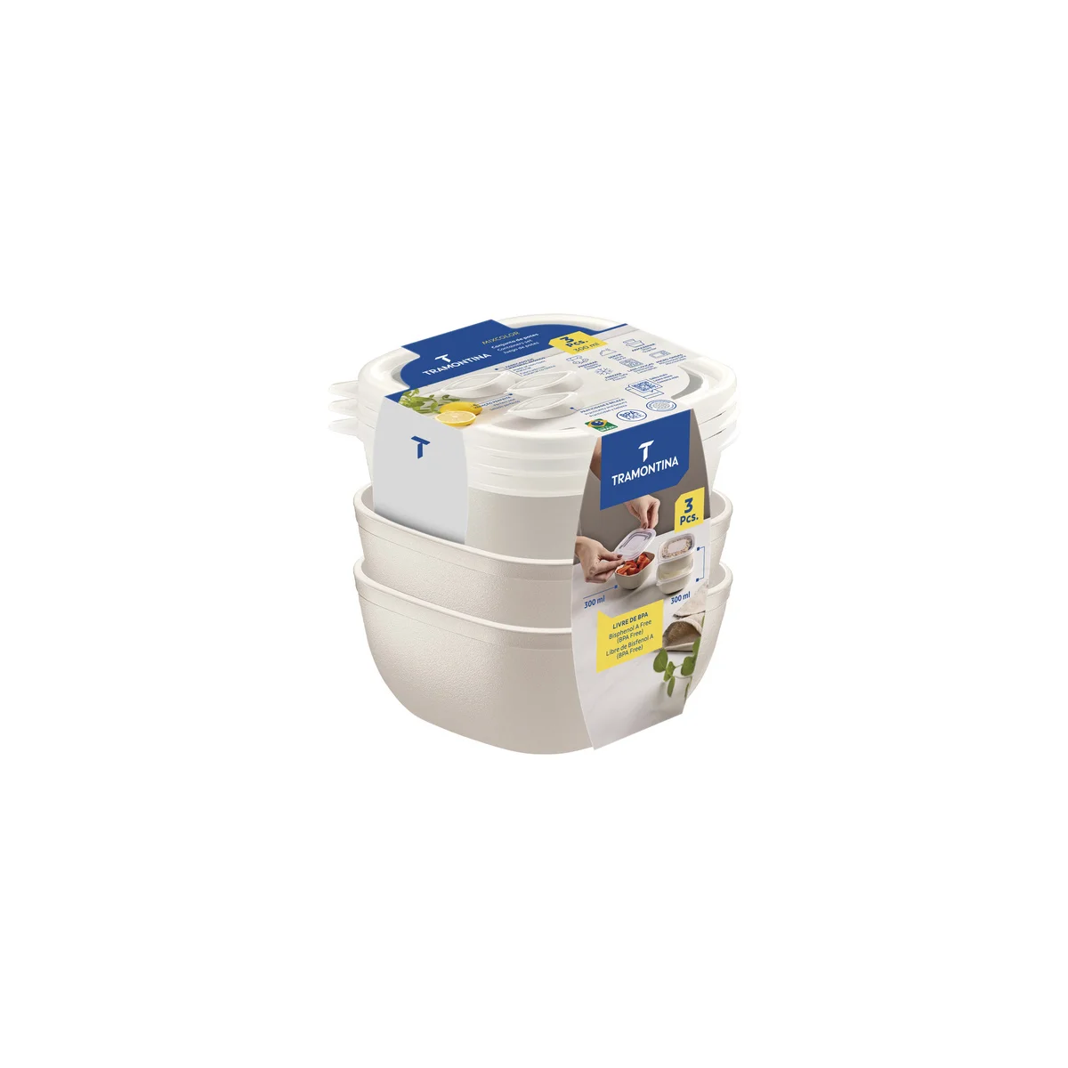 Jogo de Potes Tramontina MixColor em Polipropileno Algodão com Tampa Transparente 300 ml 3 Peças