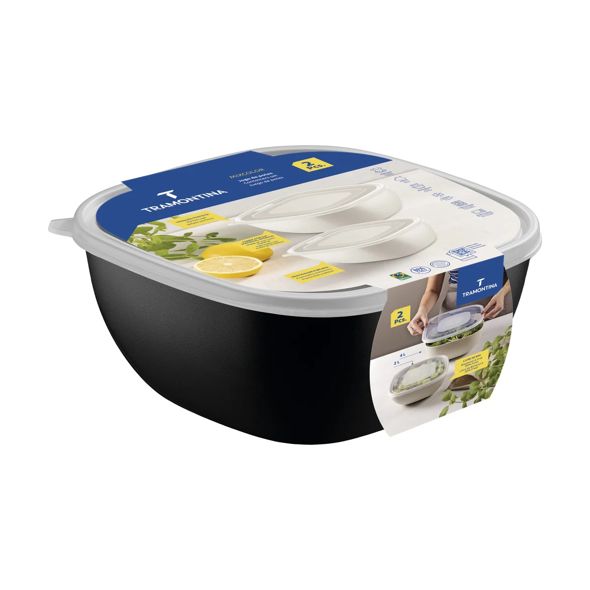 Jogo de Potes Tramontina MixColor em Polipropileno Preto com Tampa Transparente 2 Peças