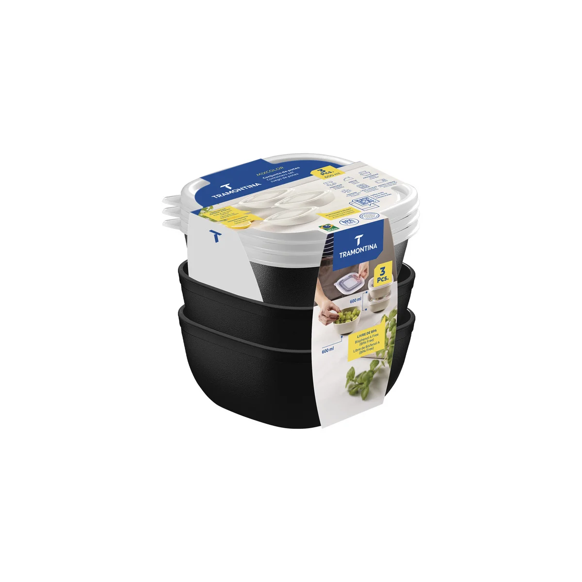 Jogo de Potes Tramontina MixColor em Polipropileno Preto com Tampa Transparente 600 ml 3 Peças