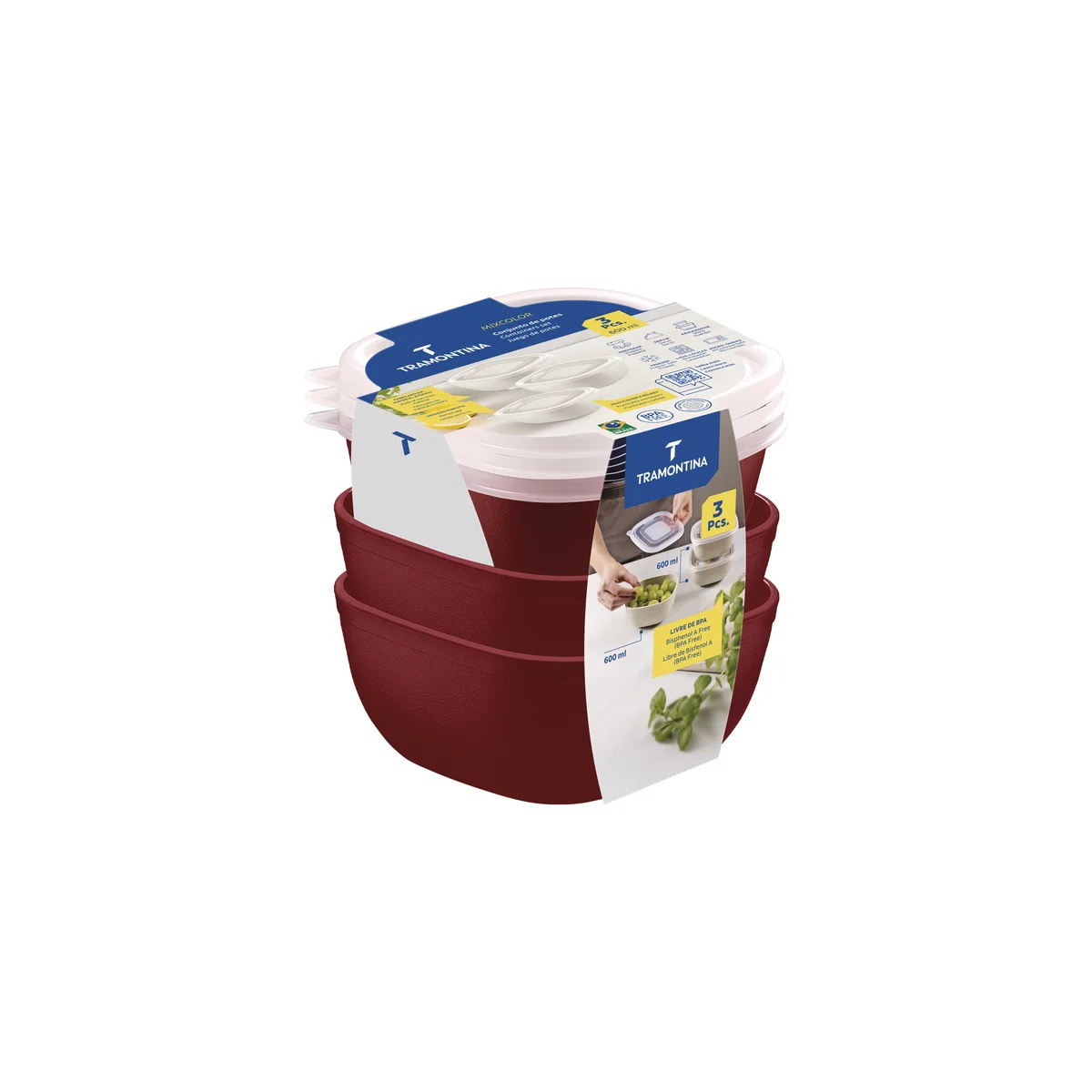 Jogo de Potes Tramontina MixColor em Polipropileno Vermelho com Tampa Transparente 600 ml 3 Peças