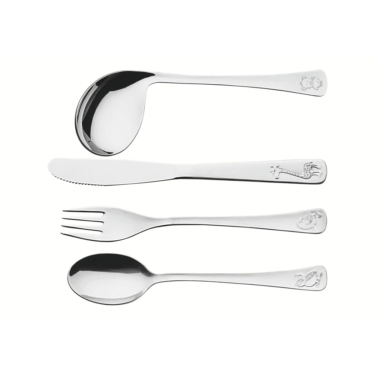 Jogo de Talheres Infantil Tramontina Baby Friends em Aço Inox Acabamento Brilho com Desenho em Alto Relevo 4 Peças