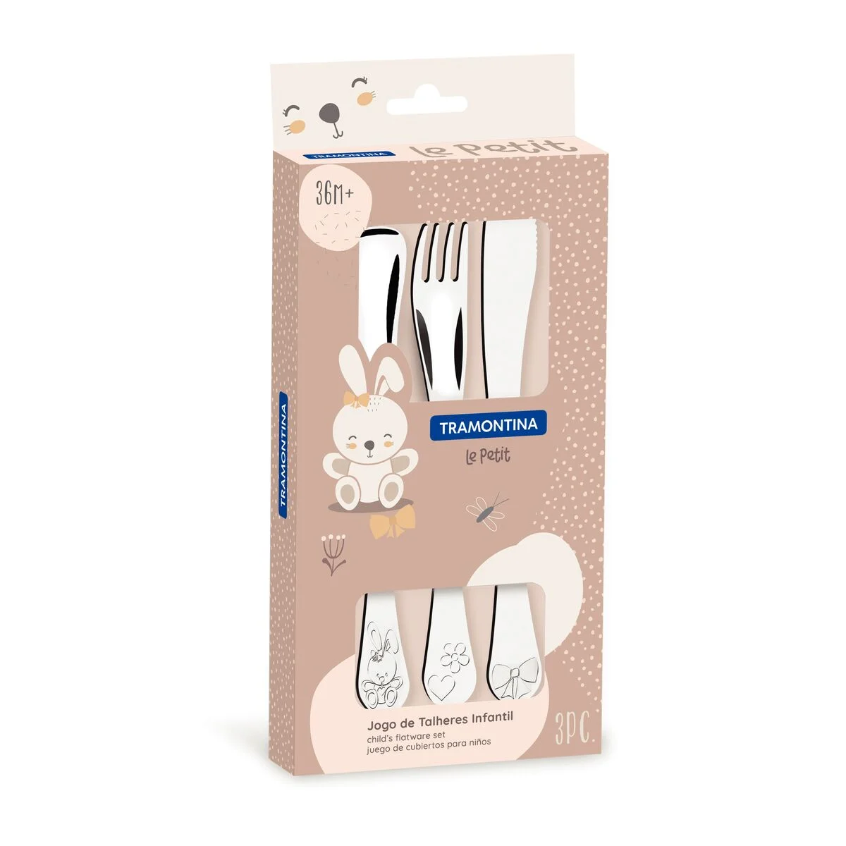 Jogo de Talheres Infantil Tramontina Le Petit em Aço Inox Meninas Acabamento Brilho com Desenho em Alto Relevo 3 Peças