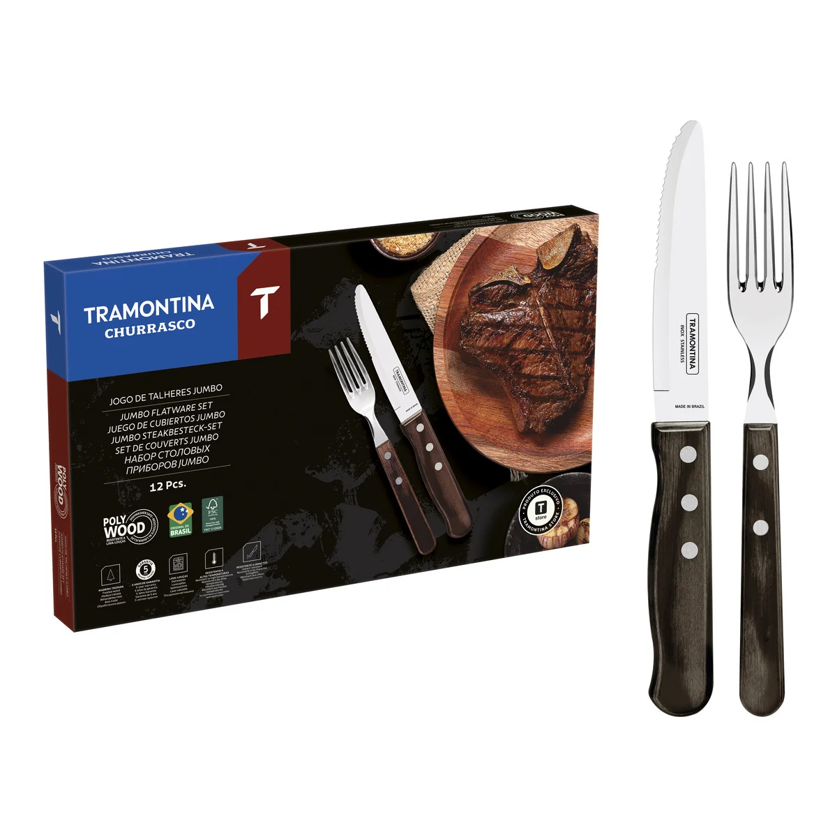 Jogo de Talheres Jumbo Tramontina Churrasco com Lâminas em Aço Inox e Cabos de Madeira Polywood Castanho 12 Peças