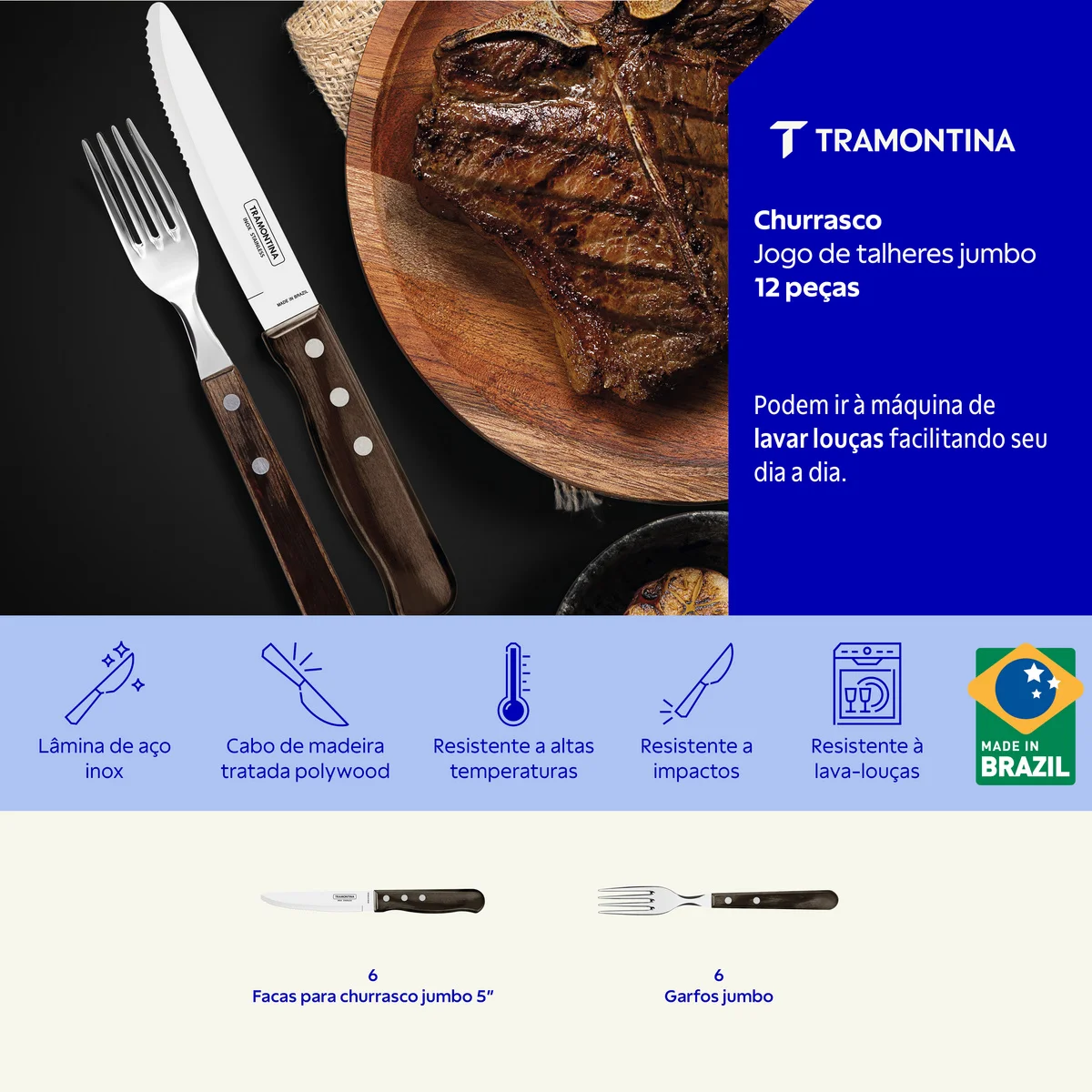 Jogo de Talheres Jumbo Tramontina Churrasco com Lâminas em Aço Inox e Cabos de Madeira Polywood Castanho 12 Peças