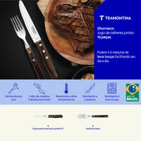 Jogo de Talheres Jumbo Tramontina Churrasco com Lâminas em Aço Inox e Cabos de Madeira Polywood Castanho 12 Peças