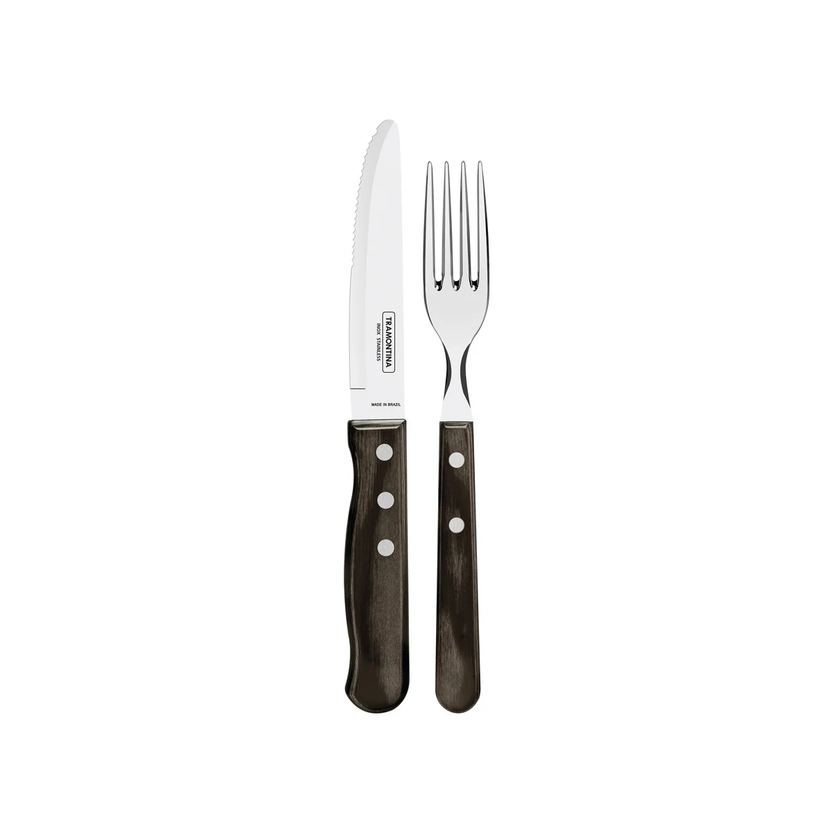 Jogo de Talheres Jumbo Tramontina Churrasco com Lâminas em Aço Inox e Cabos de Madeira Polywood Castanho 12 Peças