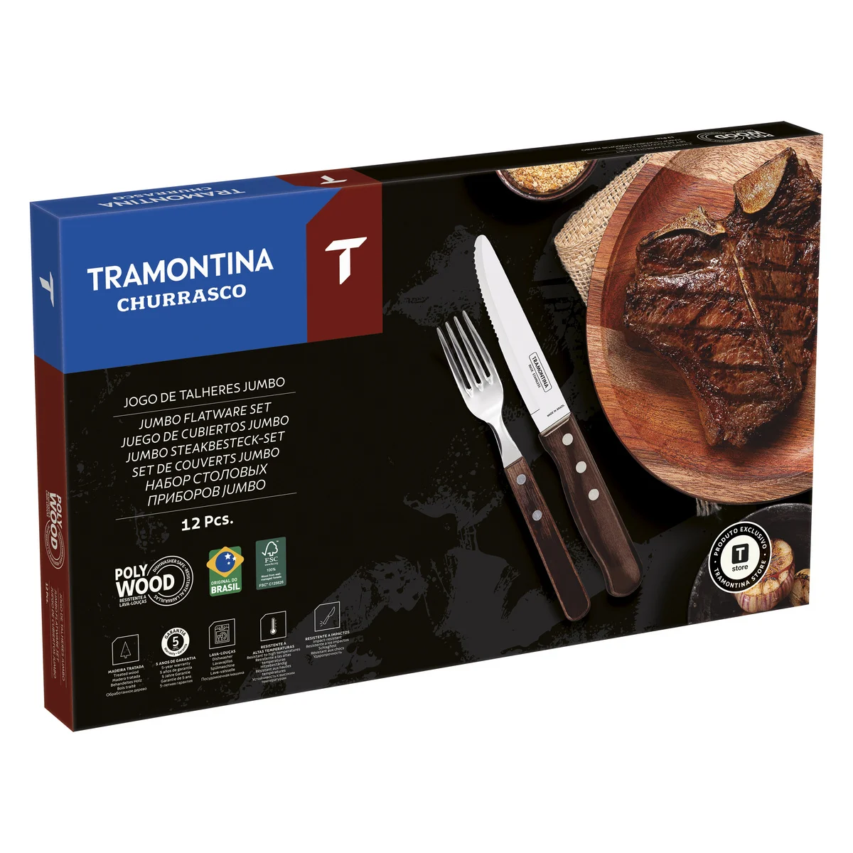 Jogo de Talheres Jumbo Tramontina Churrasco com Lâminas em Aço Inox e Cabos de Madeira Polywood Castanho 12 Peças