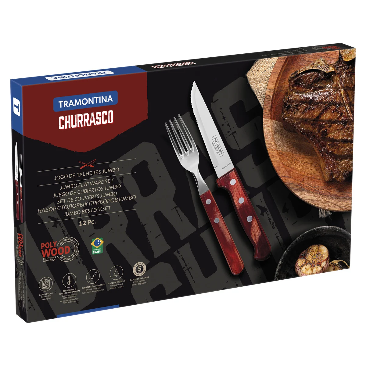 Jogo de Talheres Jumbo Tramontina Churrasco com Lâminas em Aço Inox e Cabos de Madeira Polywood Vermelho 12 Peças