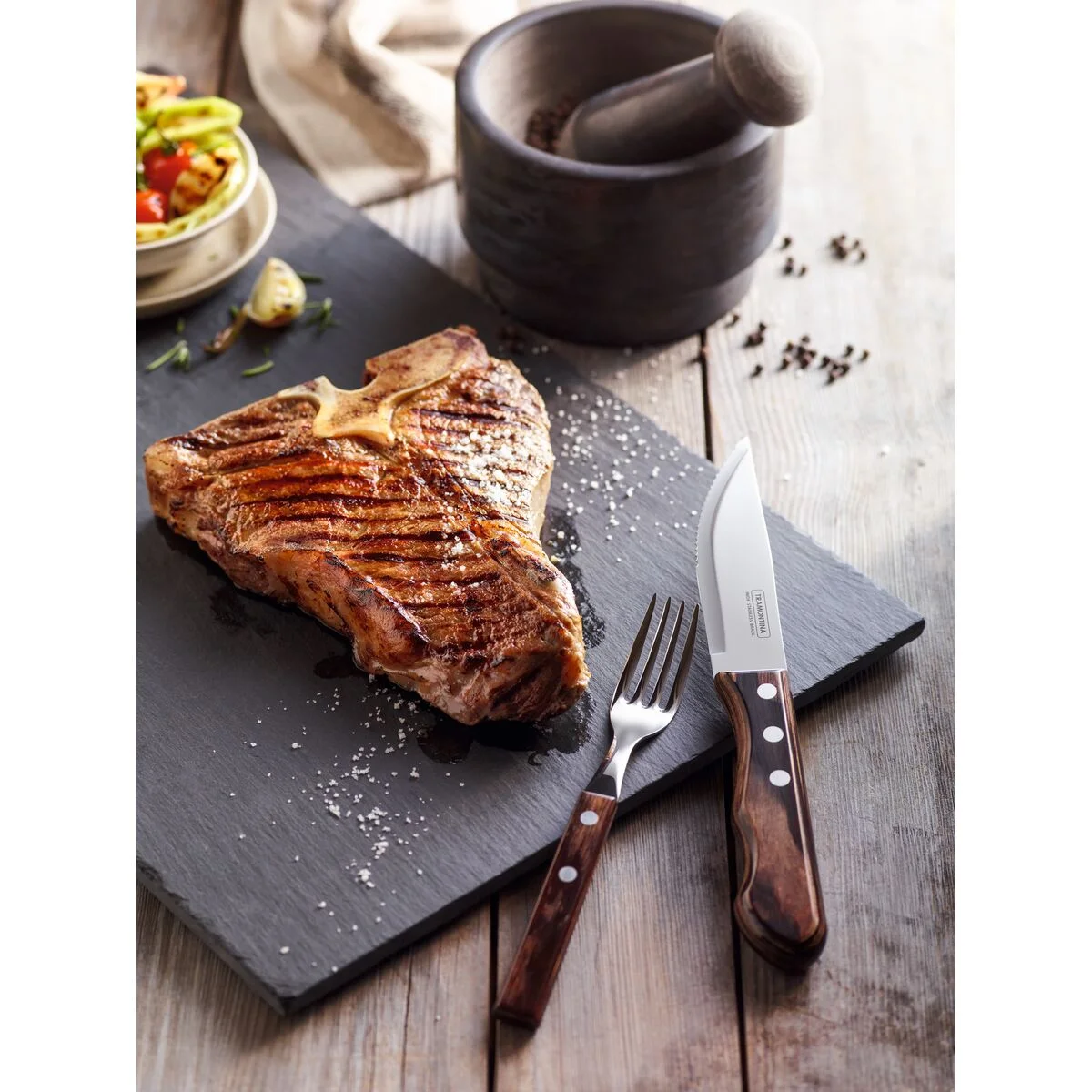 Jogo de Talheres Jumbo para Churrasco Tramontina em Aço Inox com Cabo Castanho Polywood 4 Peças