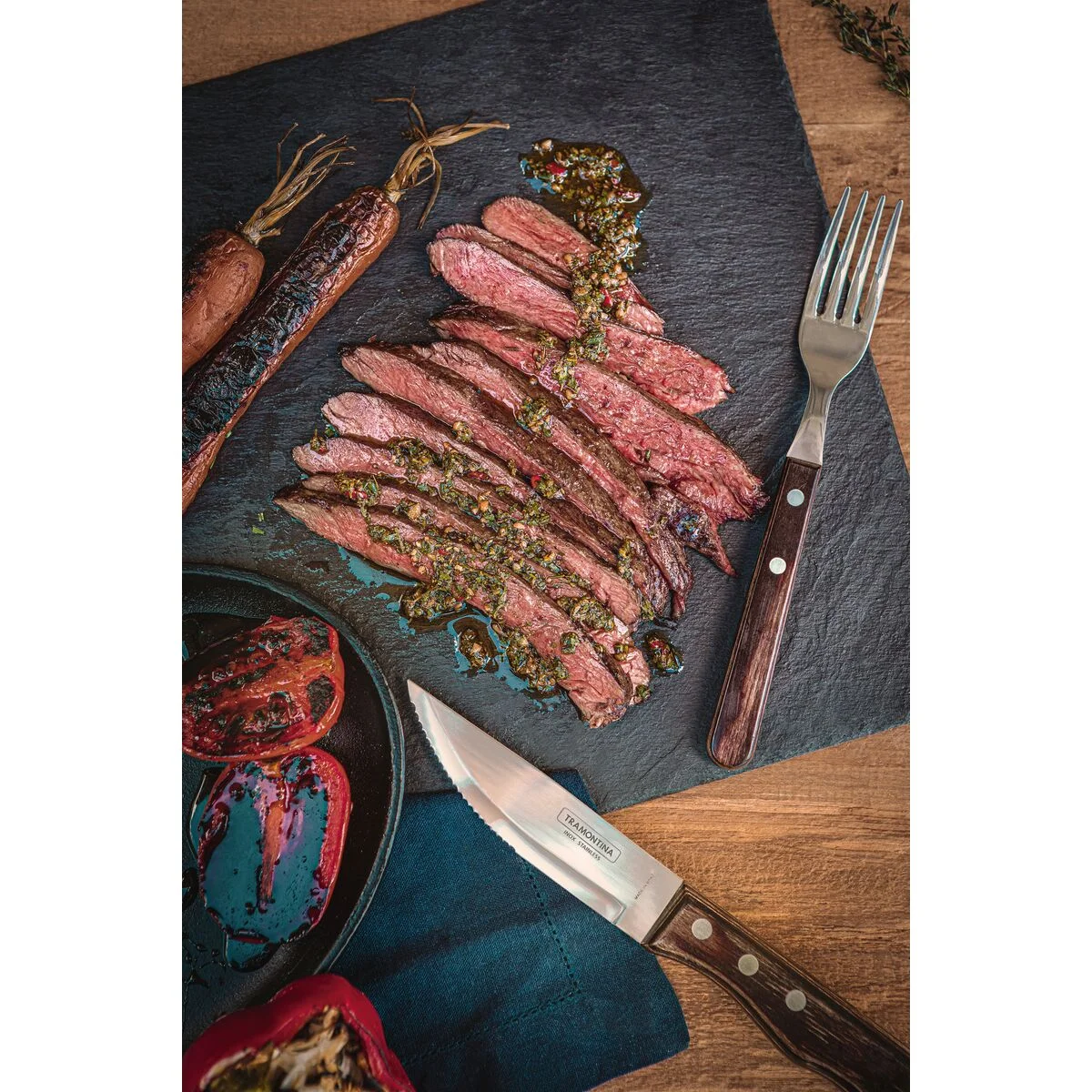 Jogo de Talheres Jumbo para Churrasco Tramontina em Aço Inox com Cabo Castanho Polywood 4 Peças