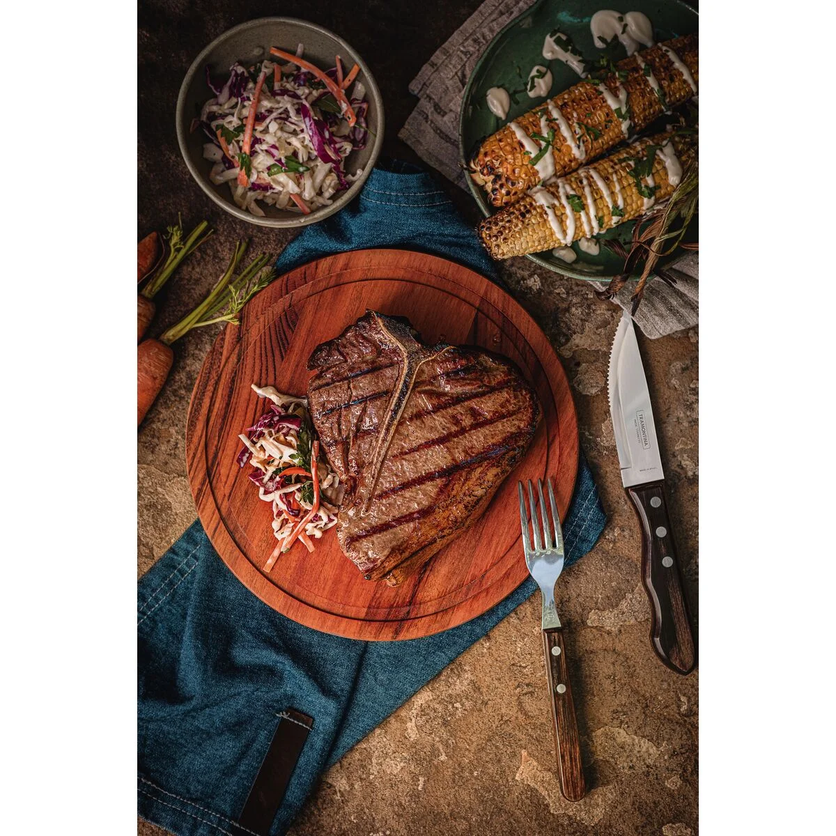 Jogo de Talheres Jumbo para Churrasco Tramontina em Aço Inox com Cabo Castanho Polywood 4 Peças