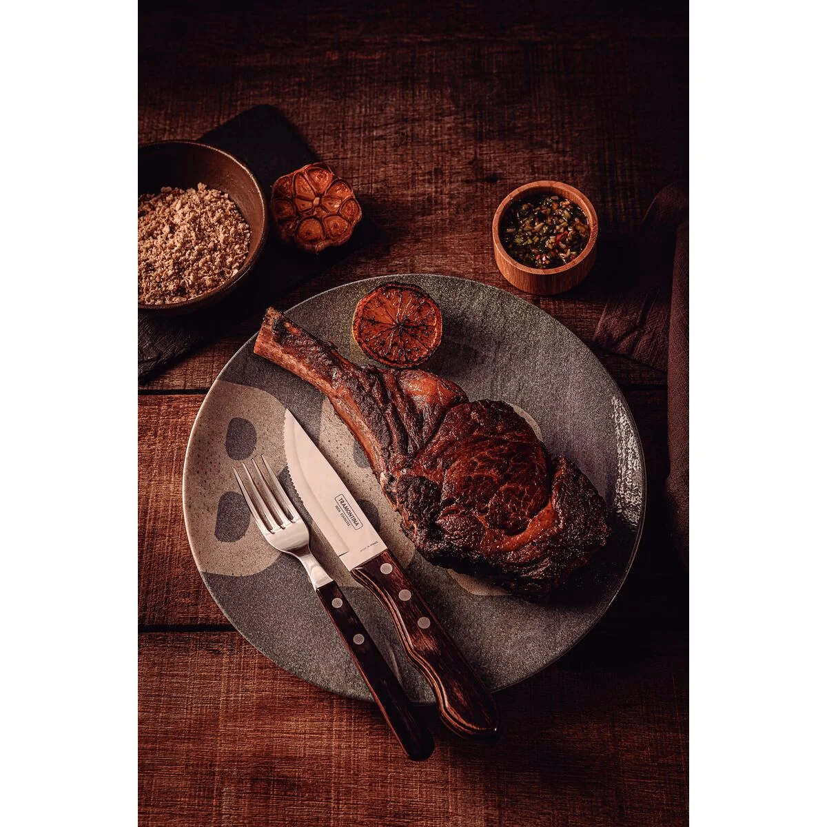 Jogo de Talheres Jumbo para Churrasco Tramontina em Aço Inox com Cabo Castanho Polywood 4 Peças