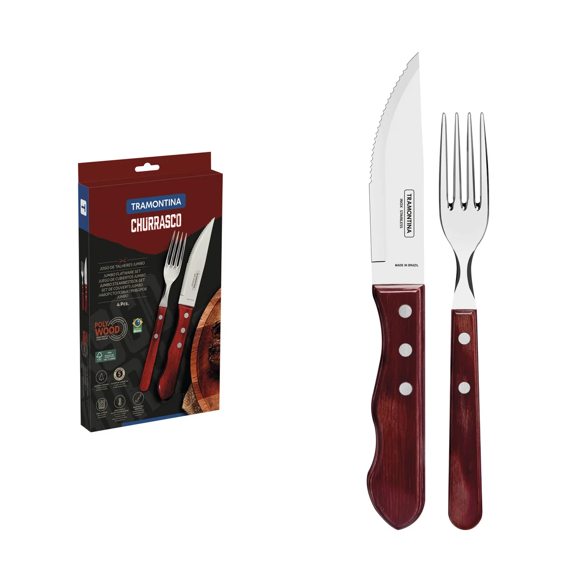 Jogo de Talheres Jumbo para Churrasco Tramontina em Aço Inox com Cabo Vermelho Polywood 4 Peças
