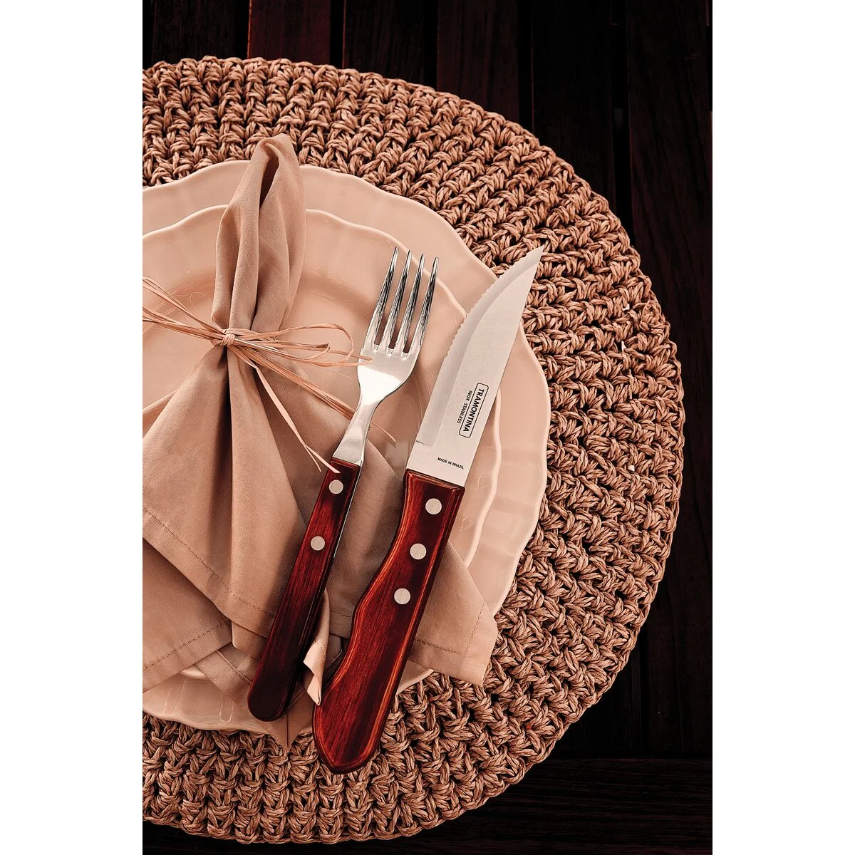 Jogo de Talheres Jumbo para Churrasco Tramontina em Aço Inox com Cabo Vermelho Polywood 4 Peças