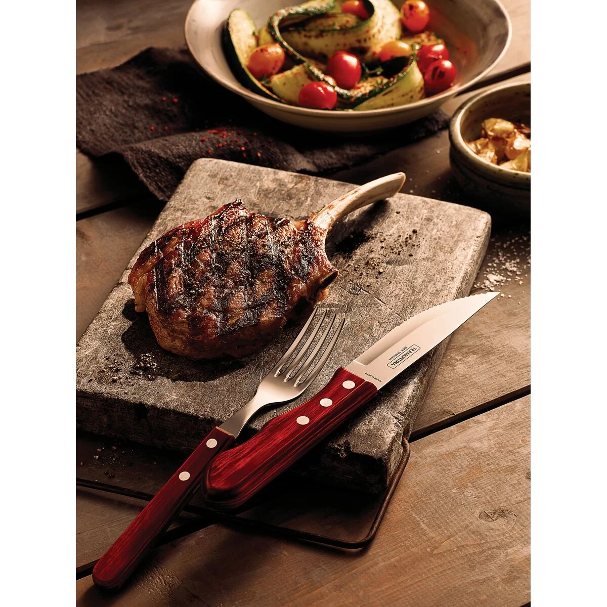Jogo de Talheres para Churrasco Jumbo Tramontina em Aço Inox com Cabo Vermelho Polywood 12 Peças