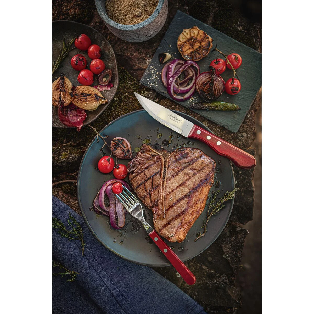 Jogo de Talheres Jumbo para Churrasco Tramontina em Aço Inox com Cabo Vermelho Polywood 4 Peças