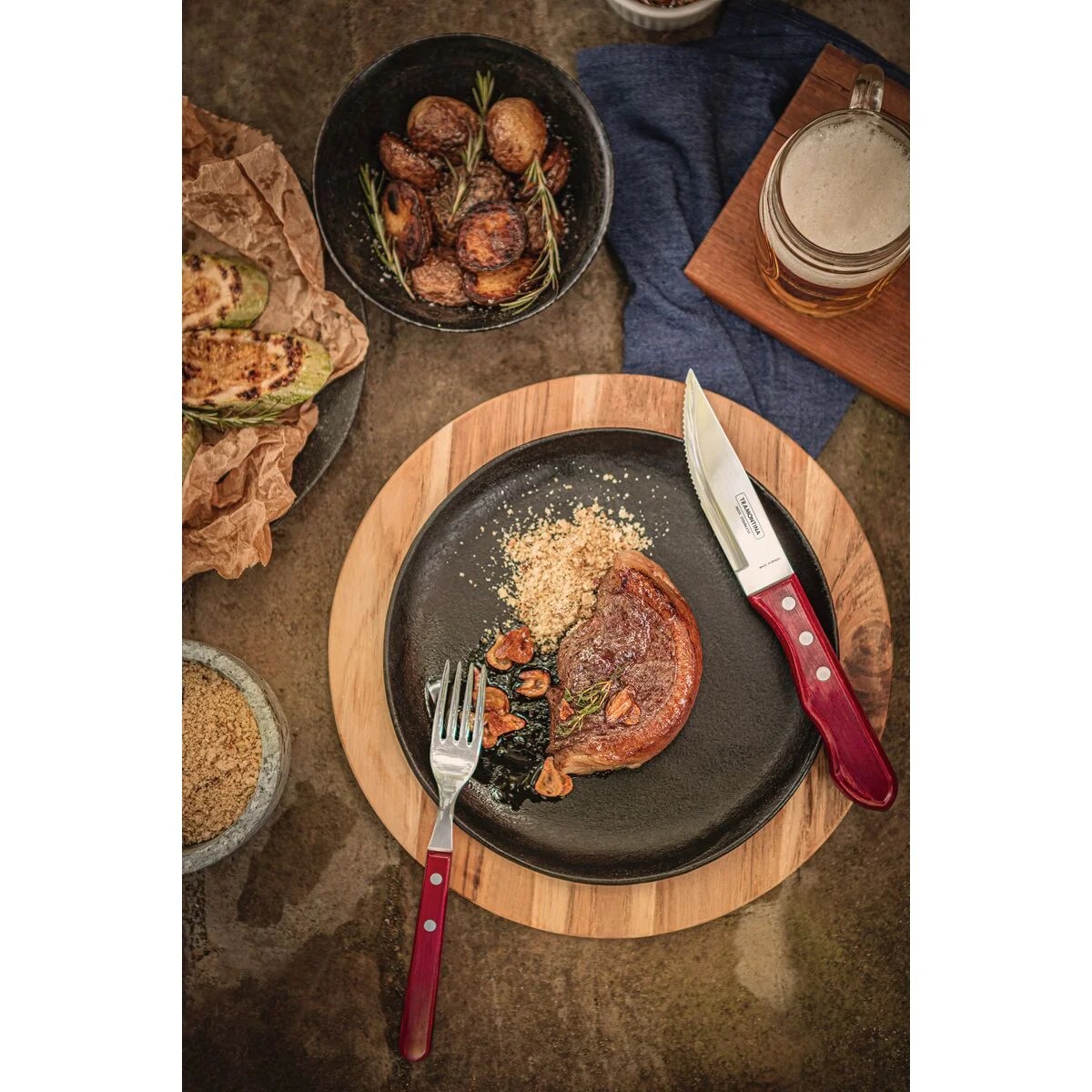 Jogo de Talheres Jumbo para Churrasco Tramontina em Aço Inox com Cabo Vermelho Polywood 4 Peças