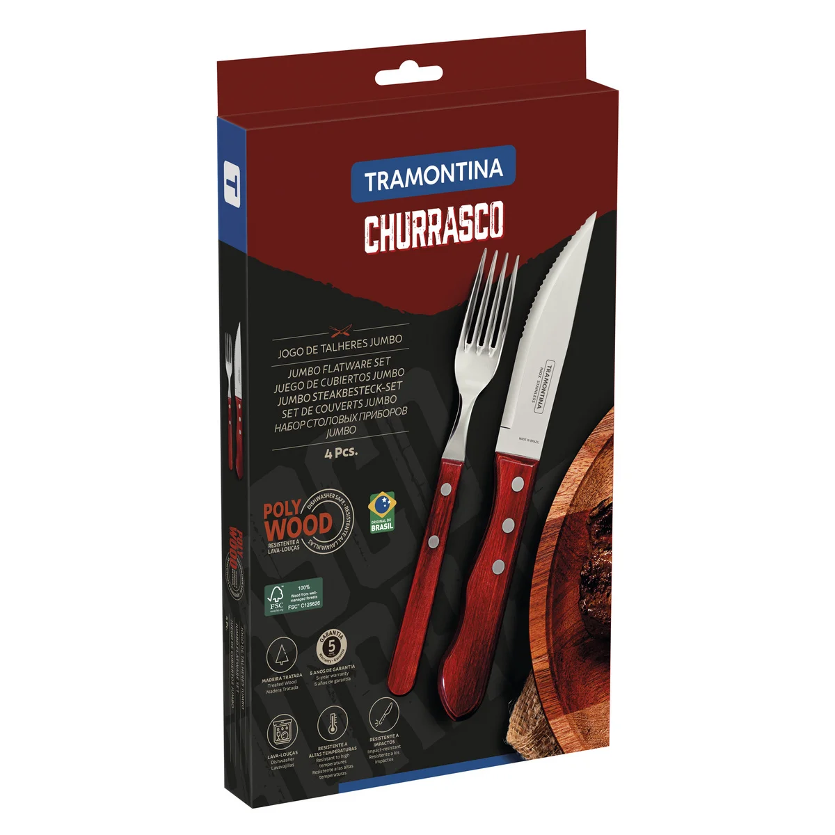 Jogo de Talheres Jumbo para Churrasco Tramontina em Aço Inox com Cabo Vermelho Polywood 4 Peças