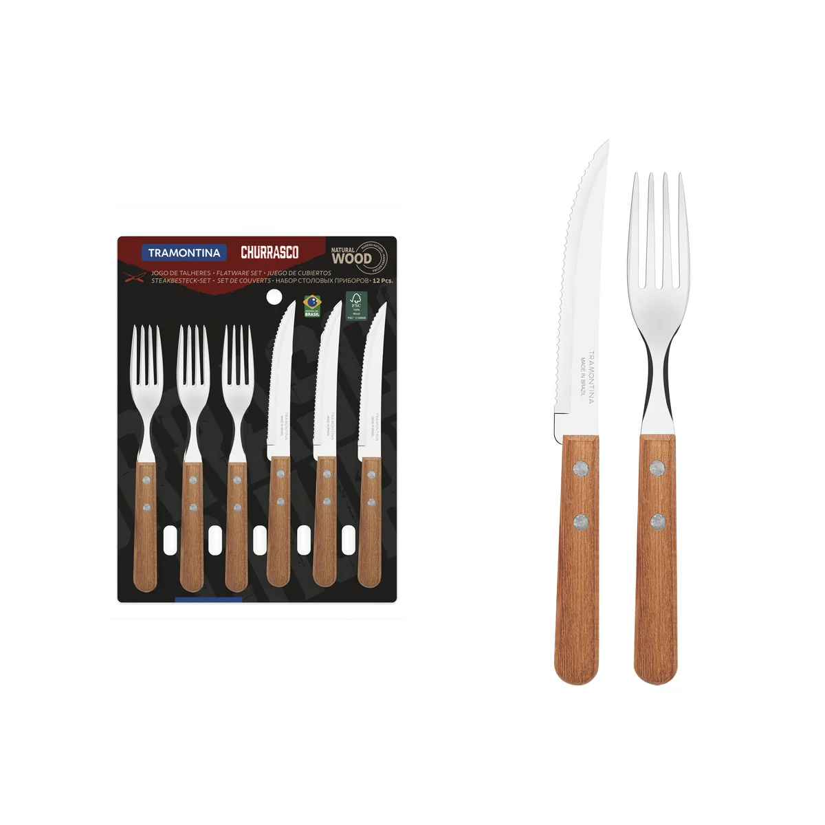 Jogo de Talheres Tramontina Churrasco com Lâminas em Aço Inox e Cabos de Madeira Natural 12 Peças