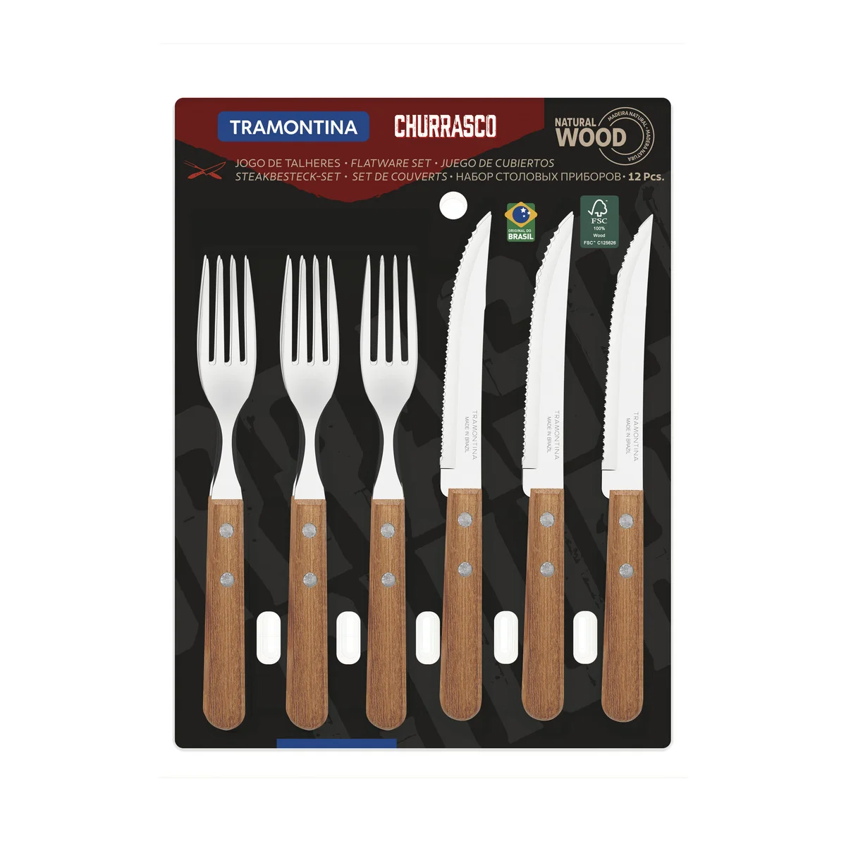 Jogo de Talheres Tramontina Churrasco com Lâminas em Aço Inox e Cabos de Madeira Natural 12 Peças