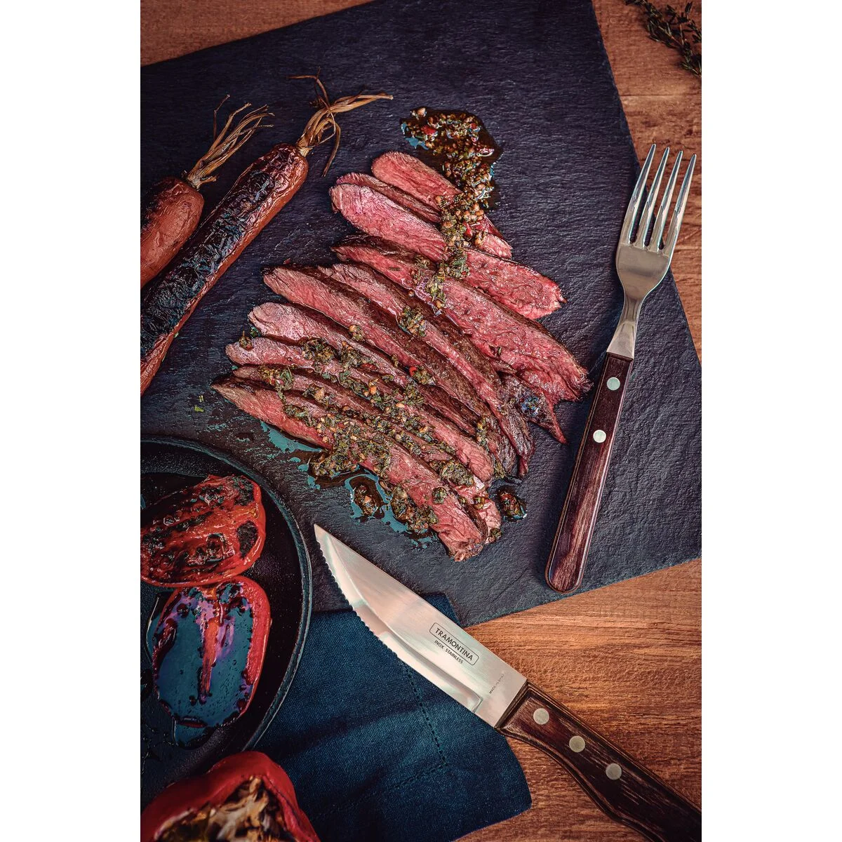 Jogo de Talheres para Churrasco Jumbo Tramontina em Aço Inox com Cabo Castanho Polywood 12 Peças