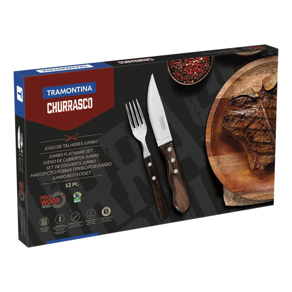 Jogo de Talheres para Churrasco Jumbo Tramontina em Aço Inox com Cabo Castanho Polywood 12 Peças