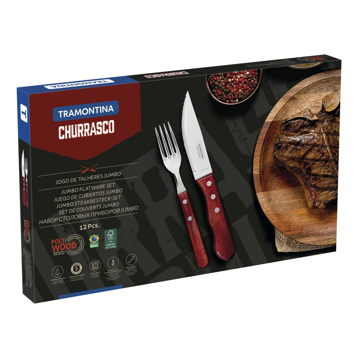 Jogo de Talheres para Churrasco Jumbo Tramontina em Aço Inox com Cabo Vermelho Polywood 12 Peças