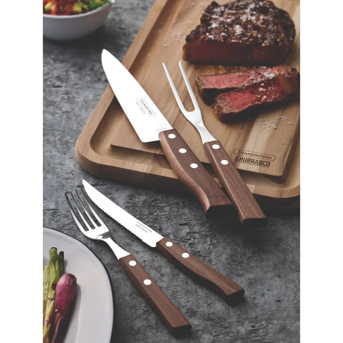 Jogo de Talheres para Churrasco Tramontina com Lâminas de Aço Inox e Cabos de Madeira Natural 14 Peças