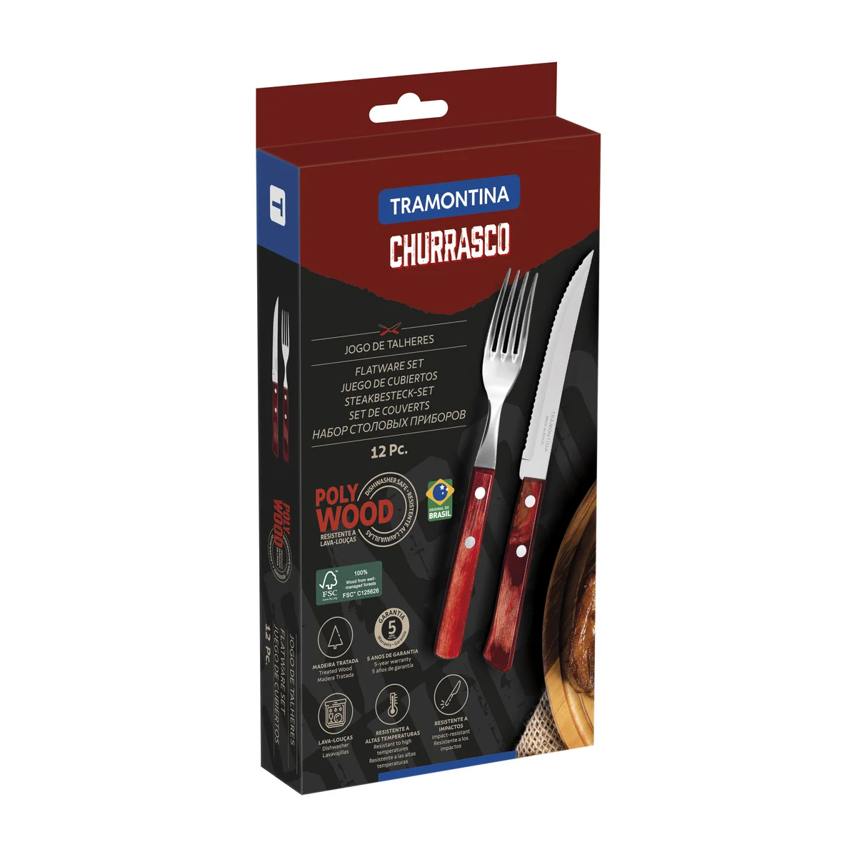 Jogo de Talheres para Churrasco Tramontina com Laminas de Aço Inox com Cabos de Madeira Tratada Polywood Vermelho 12 Peças