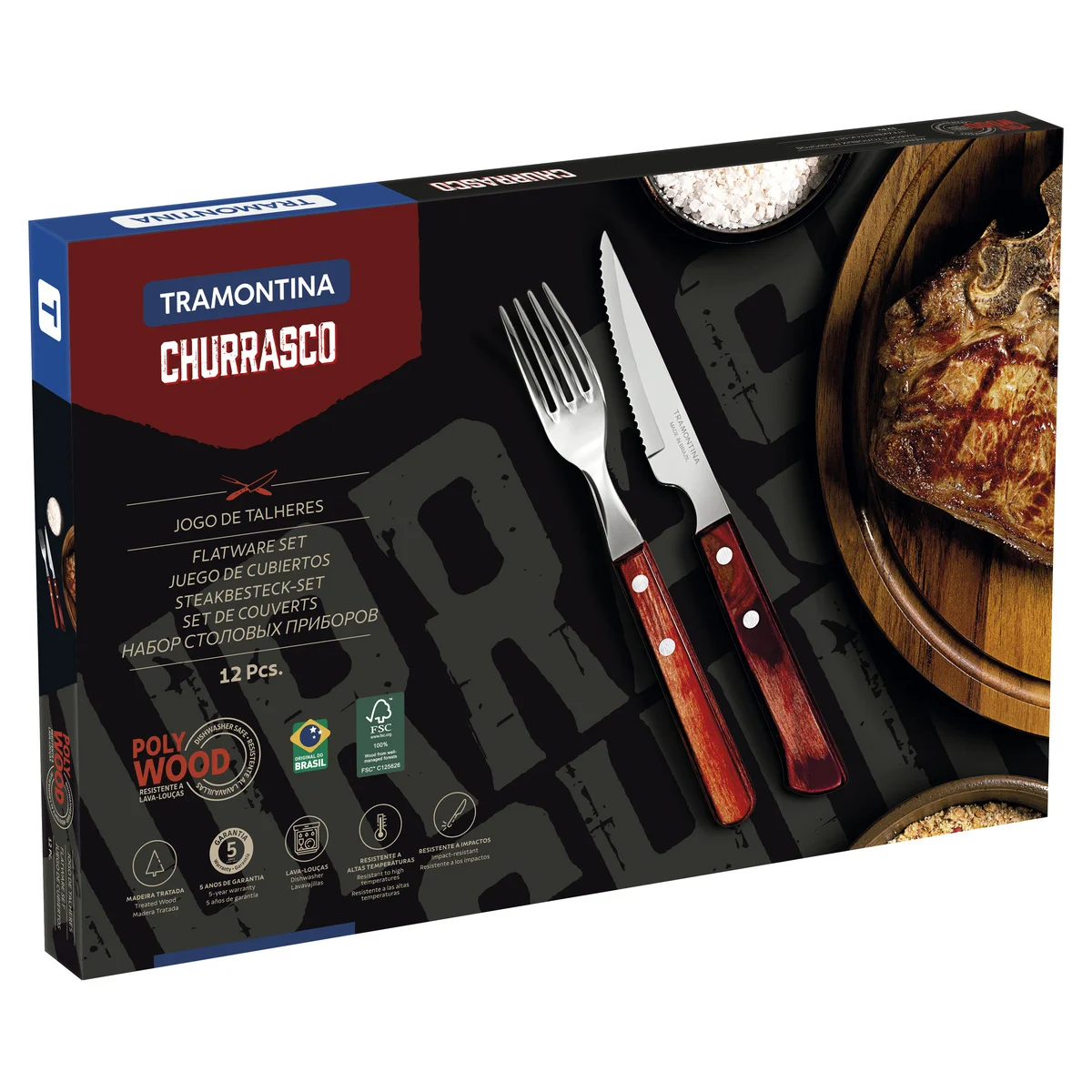 Jogo de Talheres para Churrasco Tramontina em Aço Inox com Cabo Vermelho Polywood 12 Peças