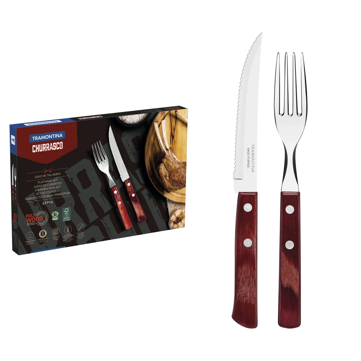 Jogo de Talheres para Churrasco Tramontina em Aço Inox com Cabo Vermelho Polywood 12 Peças
