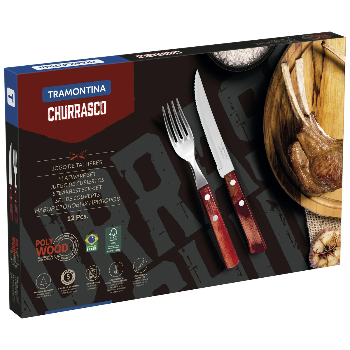Jogo de Talheres para Churrasco Tramontina em Aço Inox com Cabo Vermelho Polywood 12 Peças