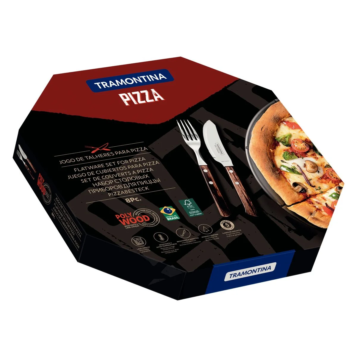 Jogo de Talheres para Pizza Tramontina com Lâminas em Aço Inox e Cabo de Madeira Tratada Polywood Castanho 08 Peças