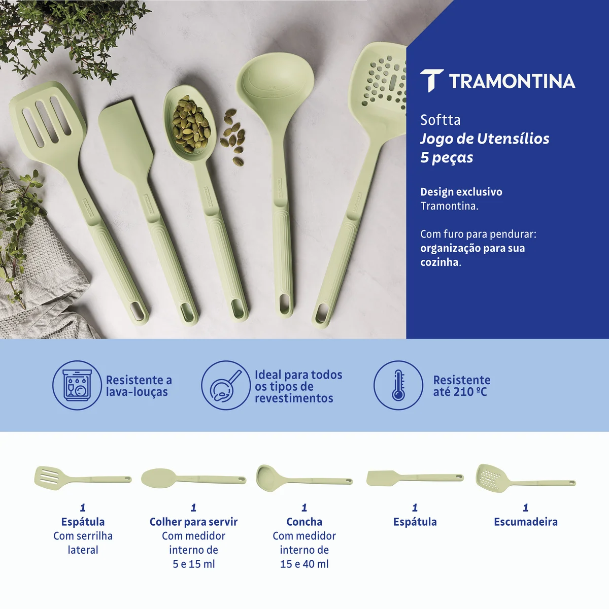 Jogo de Utensílios Tramontina Softta em Silicone Verde 05 Peças