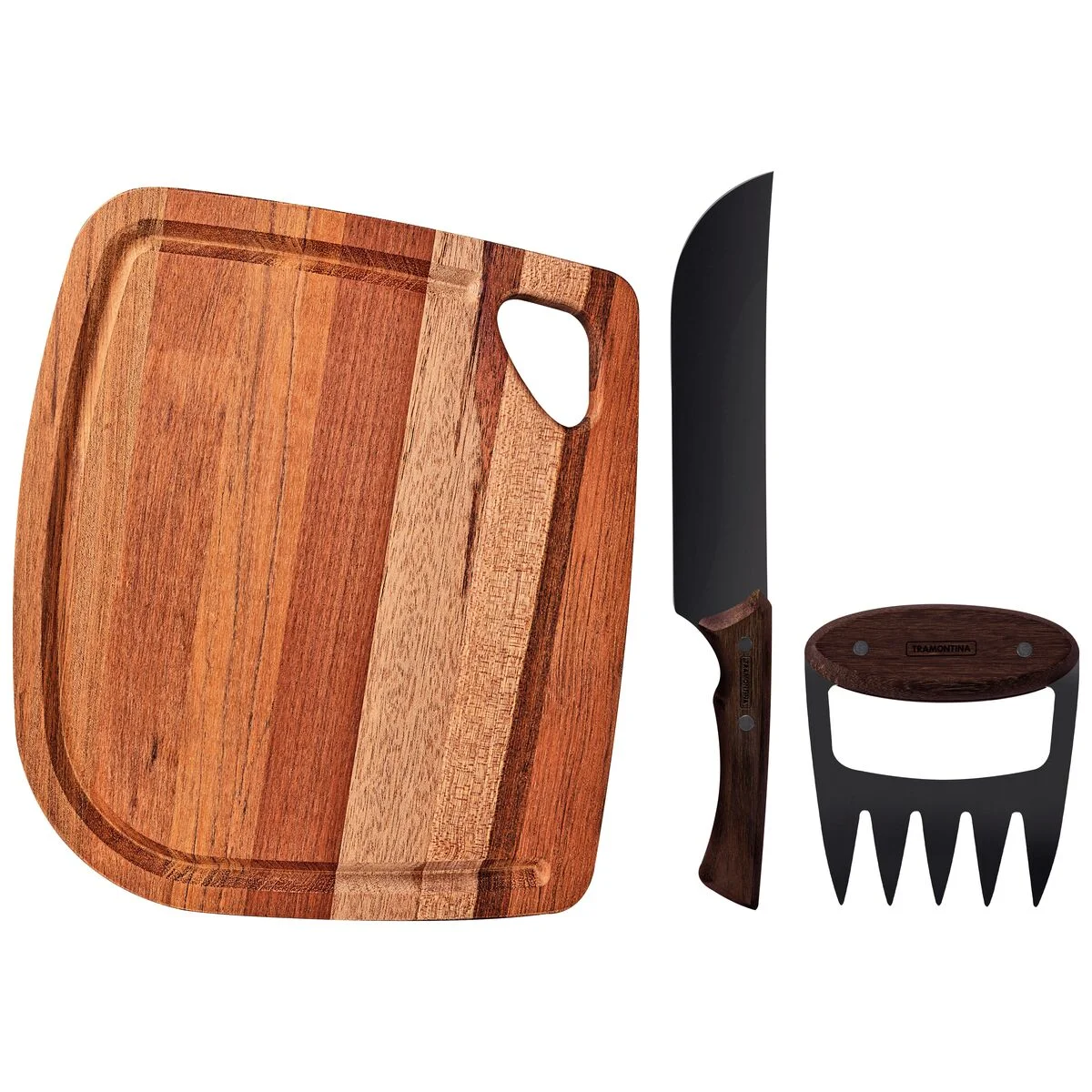 Jogo para Churrasco Tramontina Churrasco Black com Lâminas de Aço Inox Escurecido com Cabos de Madeira e Tábua 3 Peças